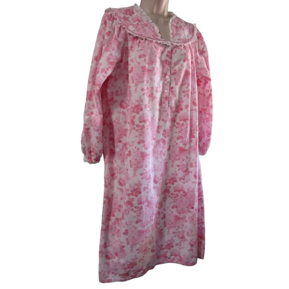 Modest Flannel Nightgown Pink Rose National Ladies M Missing Button Vintage GUC - Picture 1 of 13